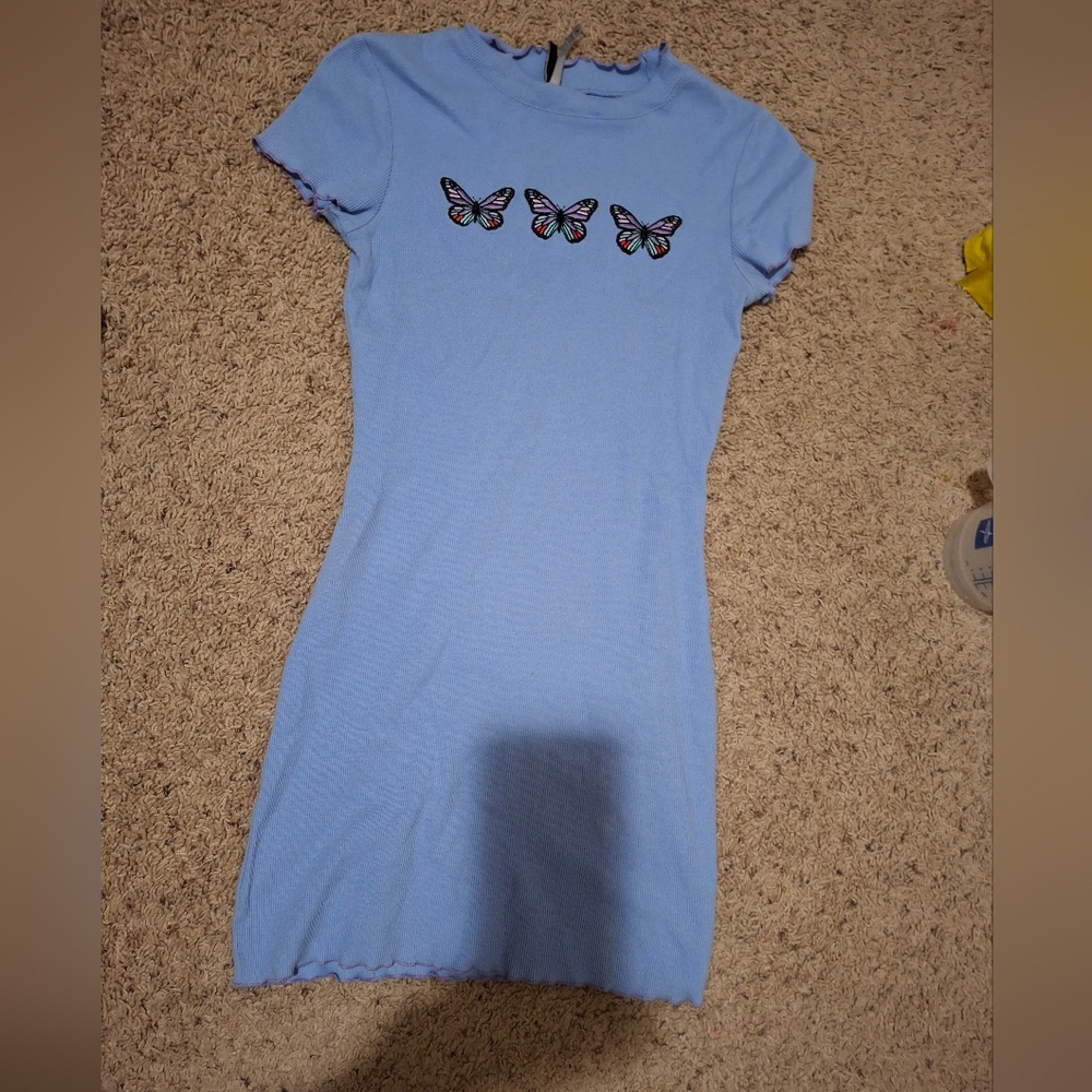 Blue Dress with Butterfly Embroidery